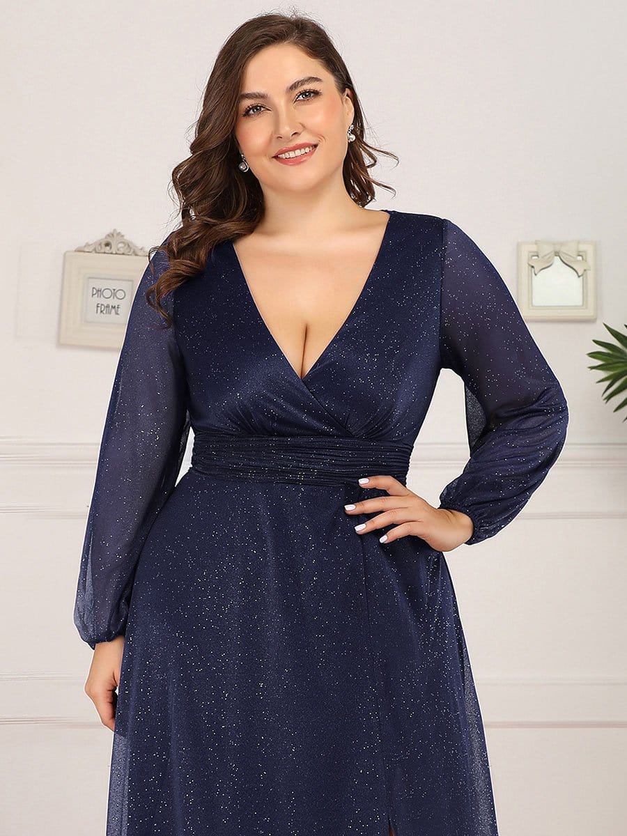 Custom Size Long Sleeve Side Split V-Neck Glittery Evening Dress #color_Navy Blue 