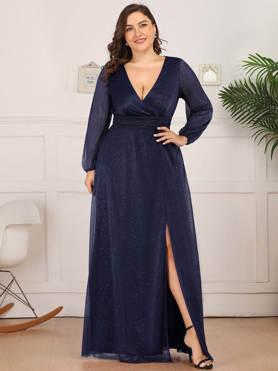 Women's Sexy Long Sleeve V-Neck Shiny Evening Dress #color_Navy Blue 