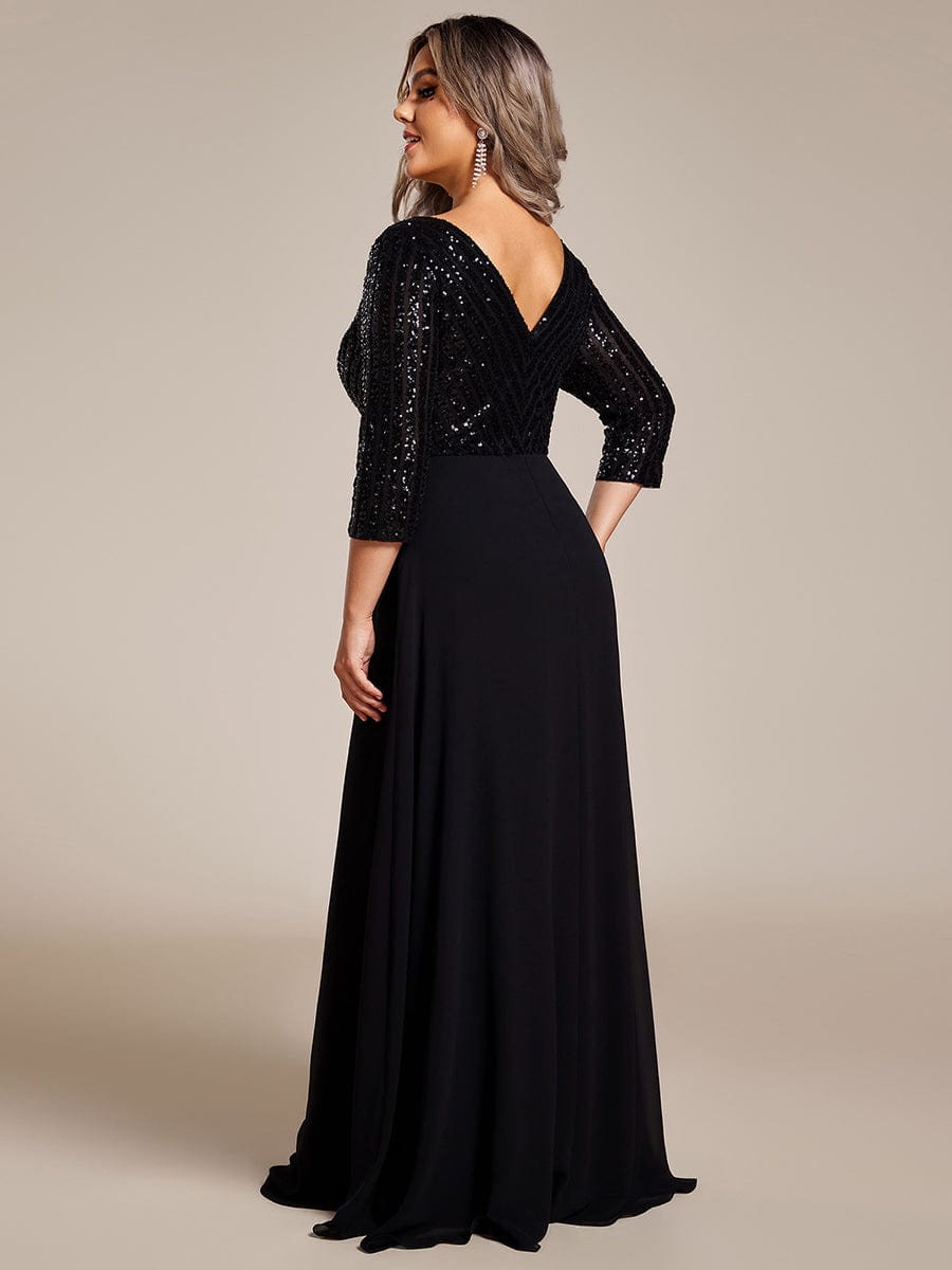 Sexy V Neck Sequin Evening Dresses with 3/4 Sleeve #color_Black