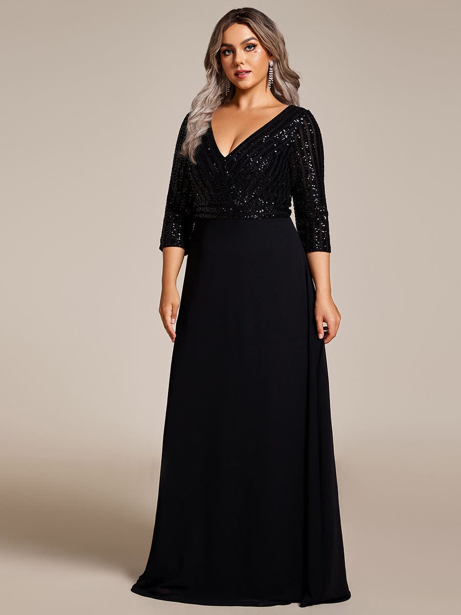 Sexy V Neck Sequin Evening Dresses with 3/4 Sleeve #color_Black