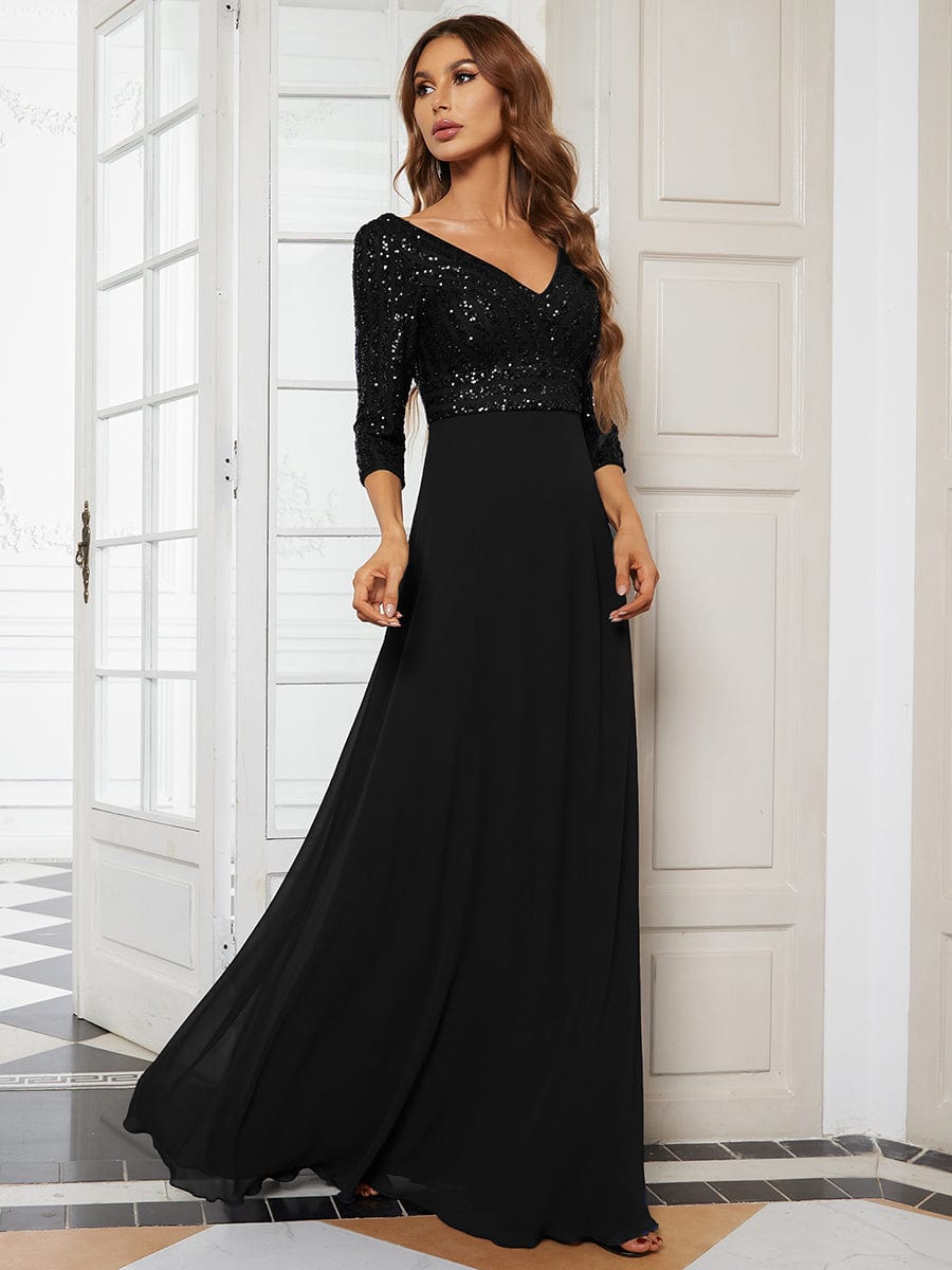 Sexy V Neck Sequin Evening Dresses with 3/4 Sleeve #color_Black