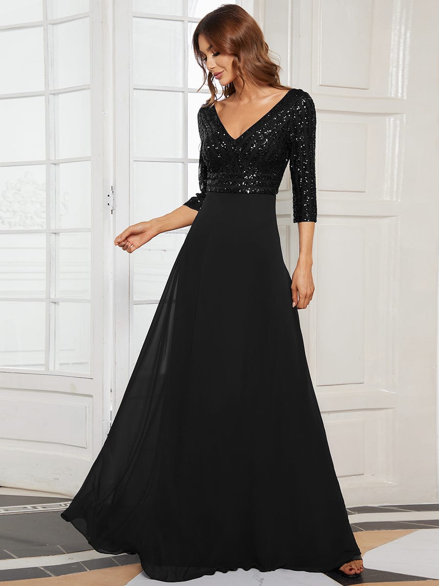 Sexy V Neck Sequin Evening Dresses with 3/4 Sleeve #color_Black