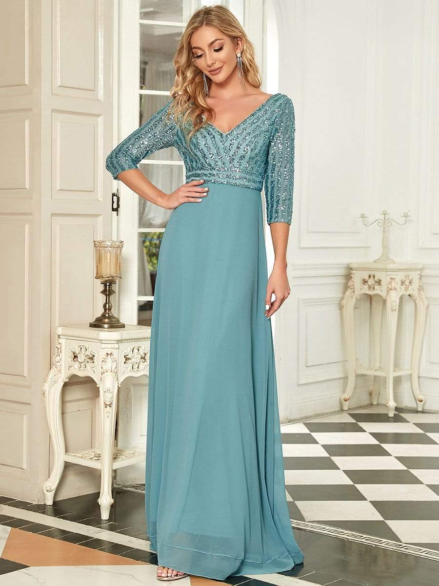 Sexy V Neck Sequin Evening Dresses with 3/4 Sleeve #color_Light Teal 