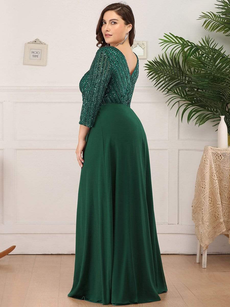 Sexy V Neck Sequin Evening Dresses with 3/4 Sleeve #color_Dark Green 