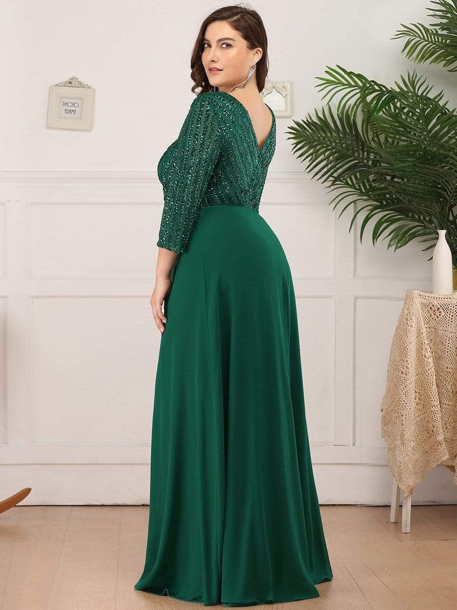 Plus Size V Neck A-Line Sequin Formal Evening Dress with Sleeve #color_Dark Green