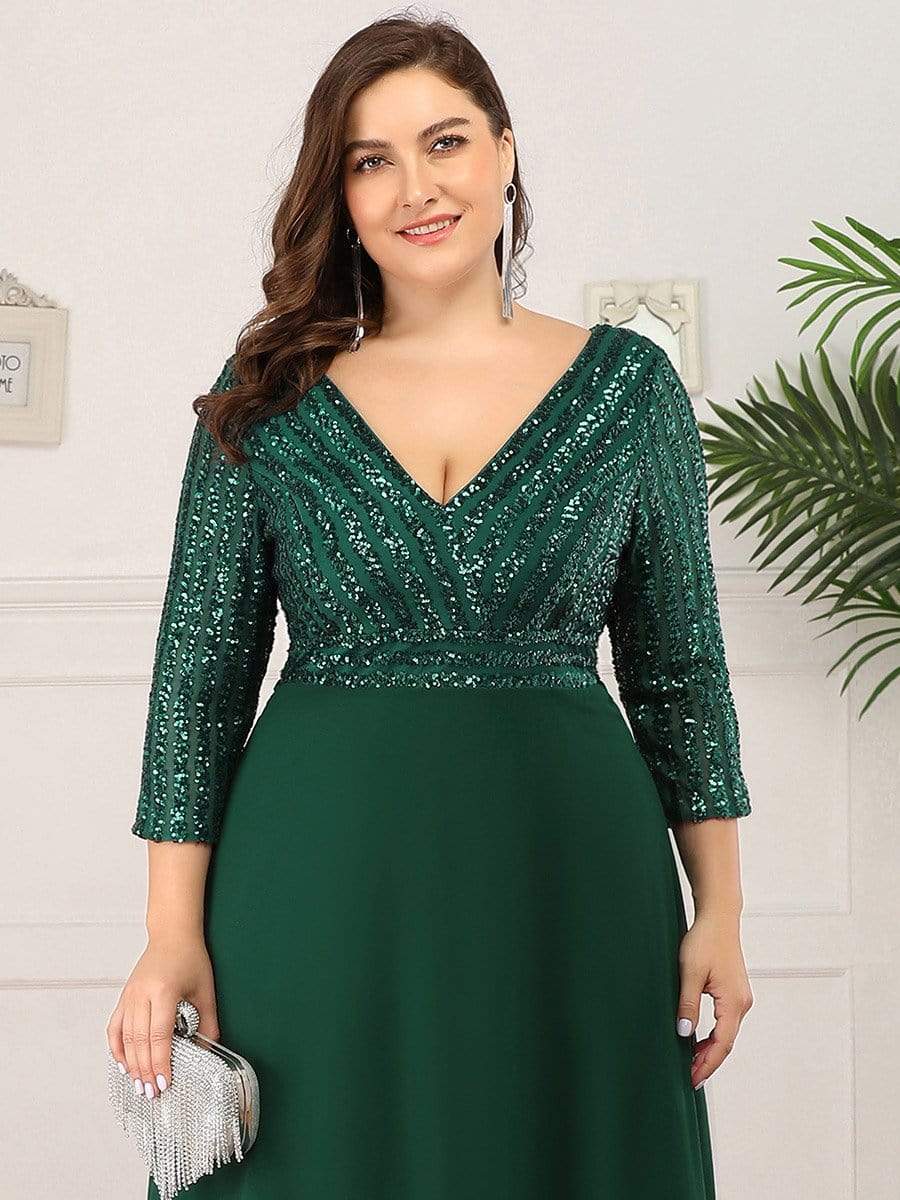 Sexy V Neck Sequin Evening Dresses with 3/4 Sleeve #color_Dark Green 