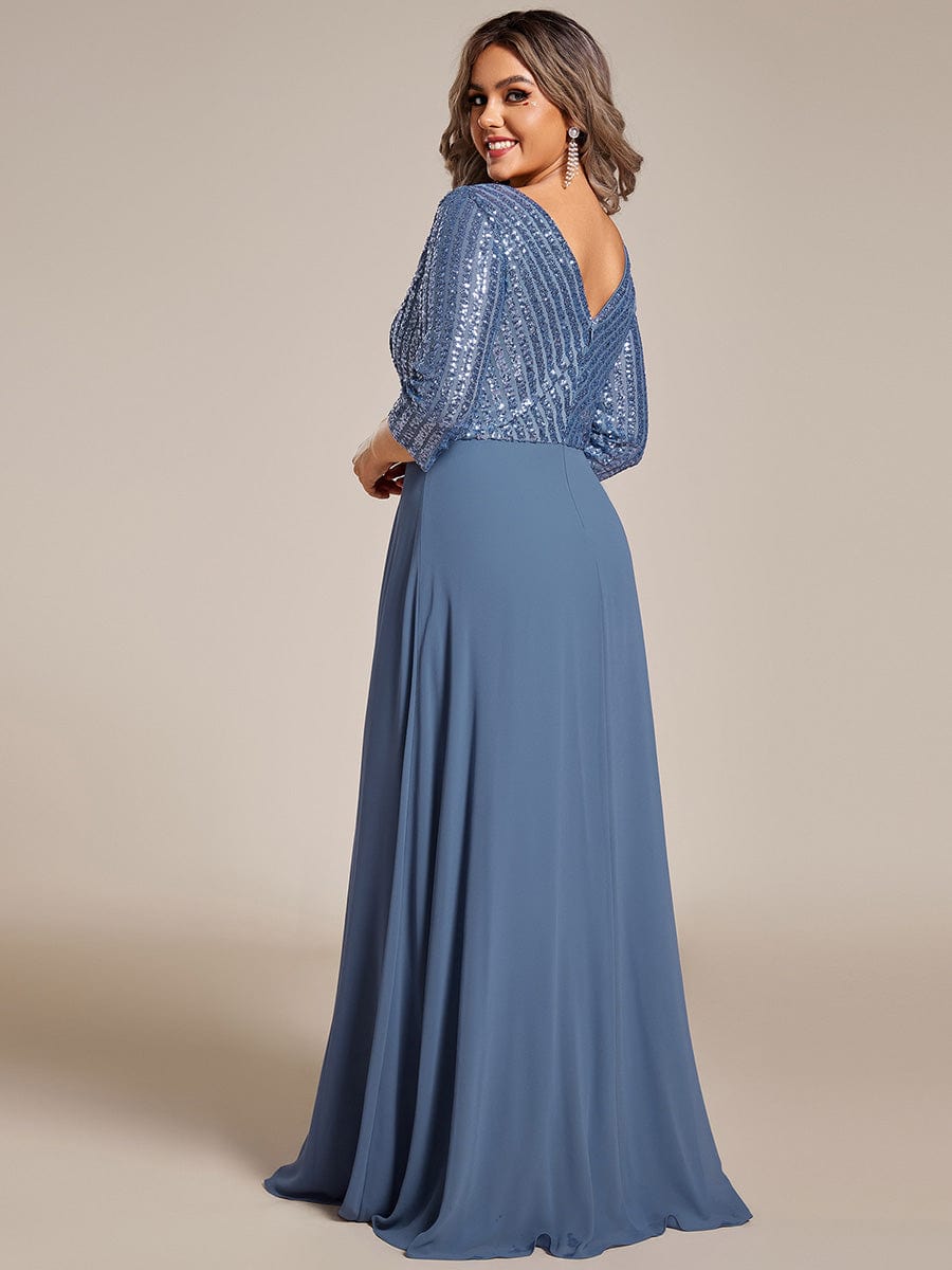 Plus Size V Neck A-Line Sequin Formal Evening Dress with Sleeve #color_Dusty Blue