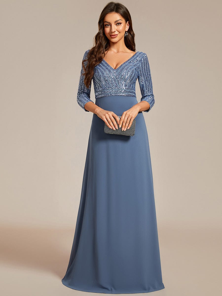 Sexy V Neck Sequin Evening Dresses with 3/4 Sleeve #color_Dusty Blue