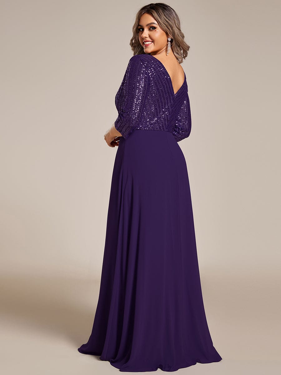 Plus Size V Neck A-Line Sequin Formal Evening Dress with Sleeve #color_Dark Purple