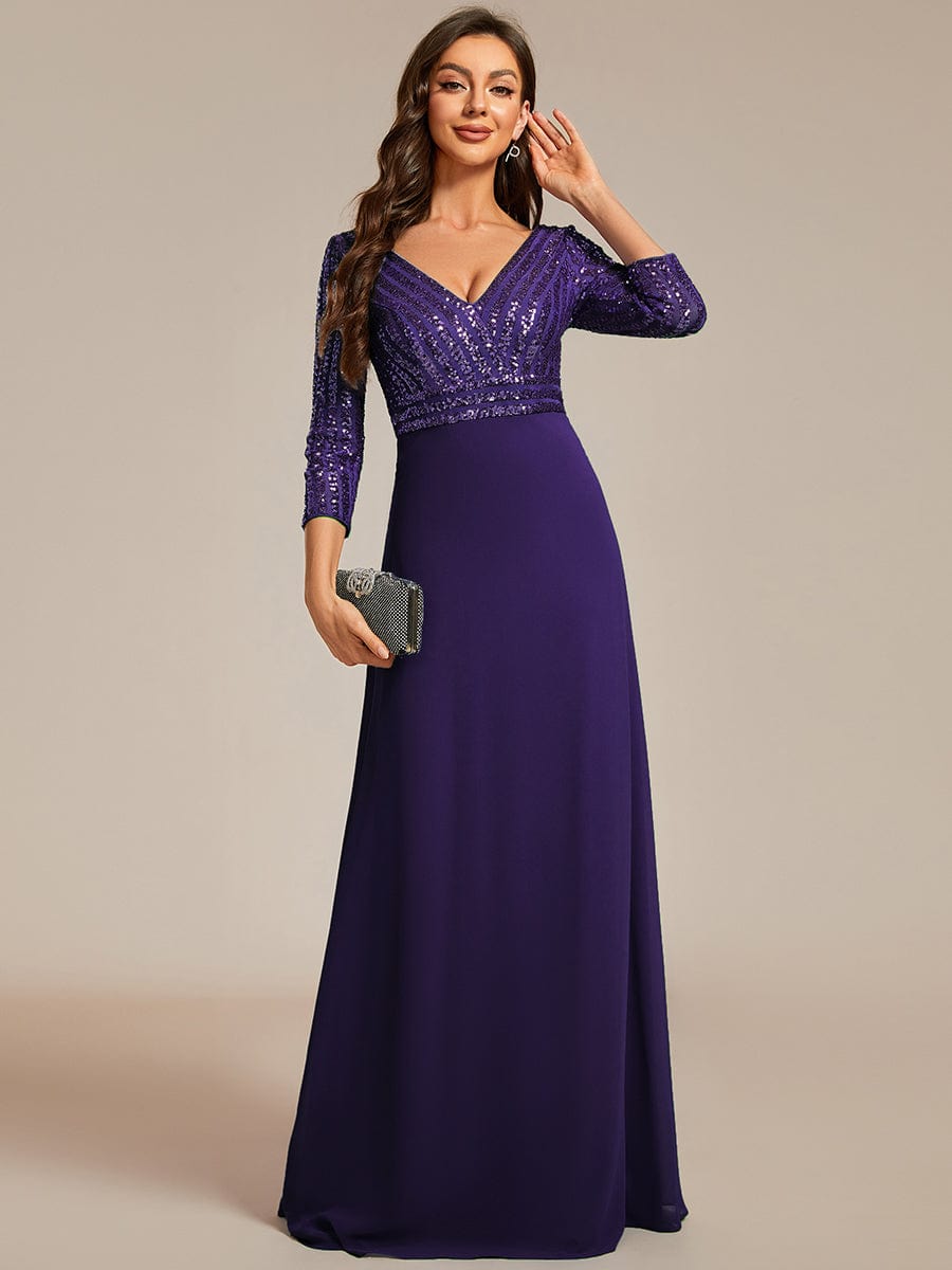 Sexy V Neck Sequin Evening Dresses with 3/4 Sleeve #color_Dark Purple