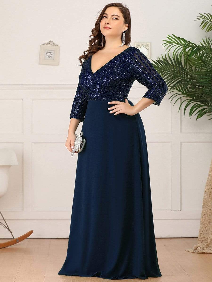 Custom Size V Neck A-Line Sequin Formal Evening Dress with Sleeve #color_Navy Blue 