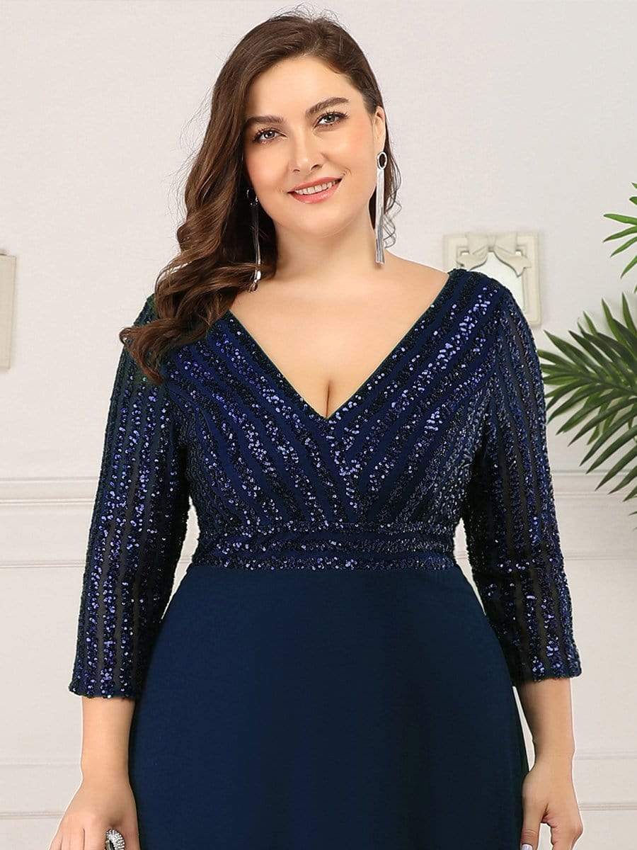 Plus Size Sequin Bodice Evening Dress with Three Quarter Sleeves -  Ever-Pretty US