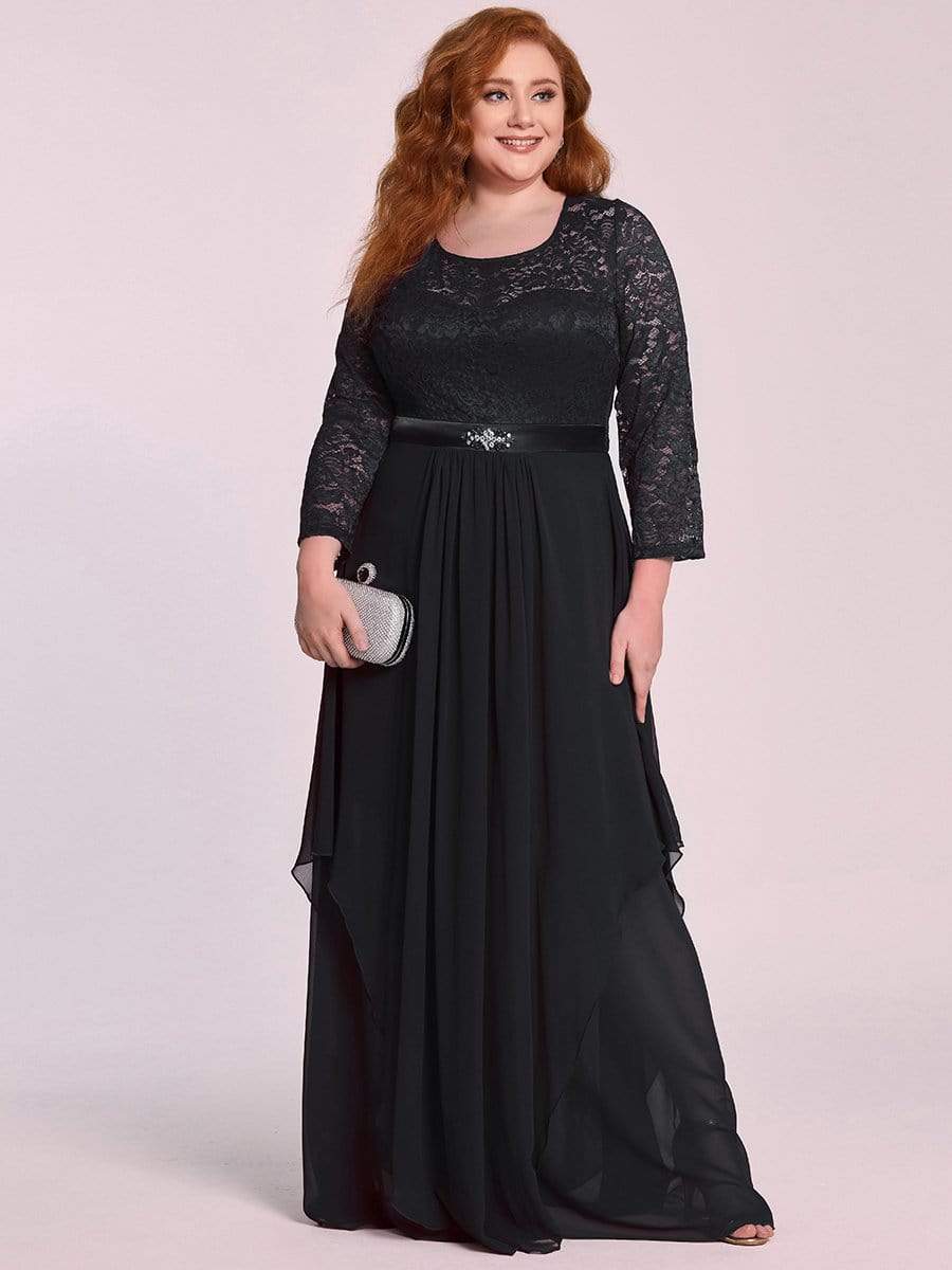 Classic Floral Lace Bridesmaid Dress with Long Sleeve #color_Black 