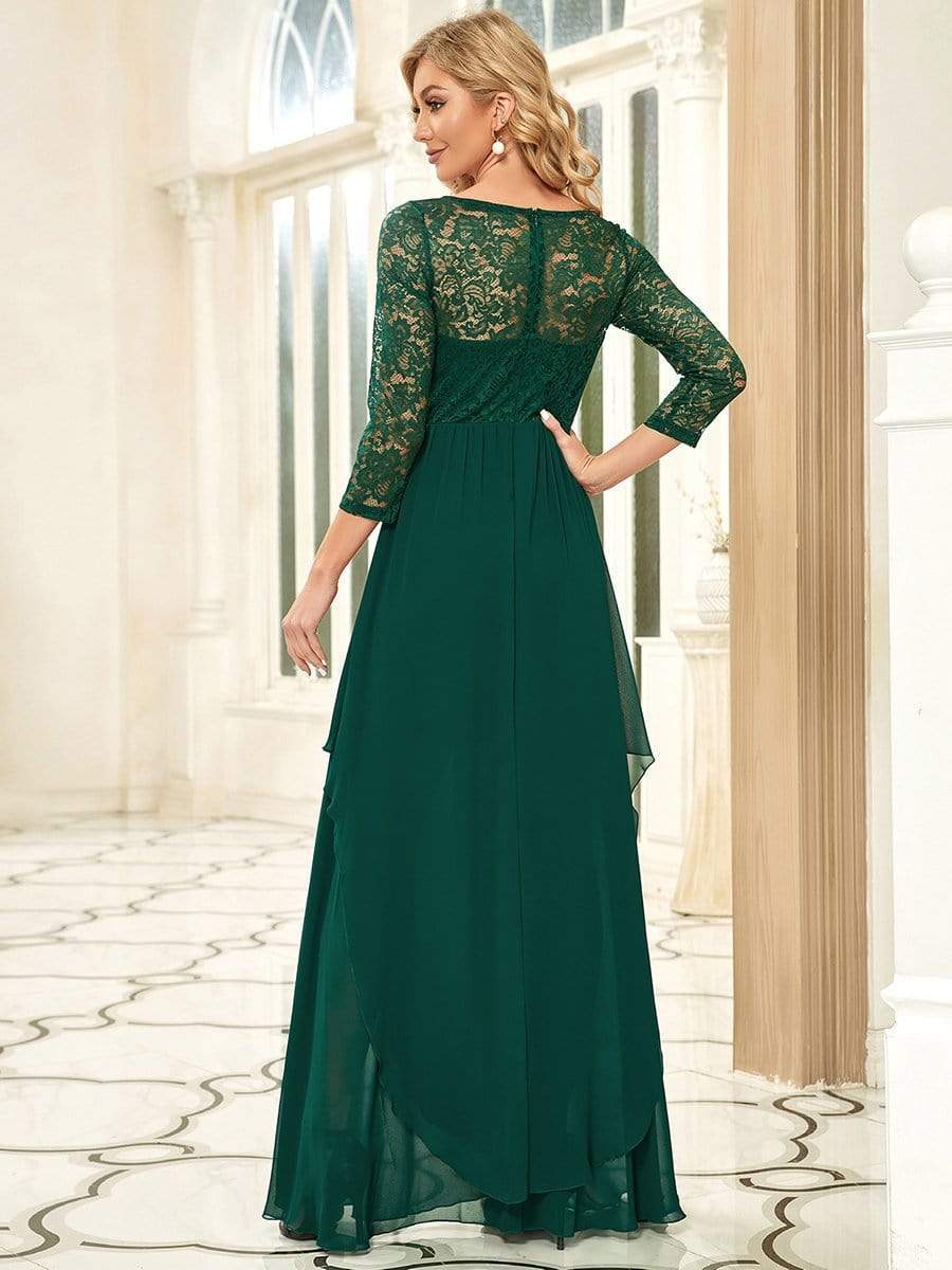 Classic Floral Lace Bridesmaid Dress with Long Sleeve #color_Dark Green 