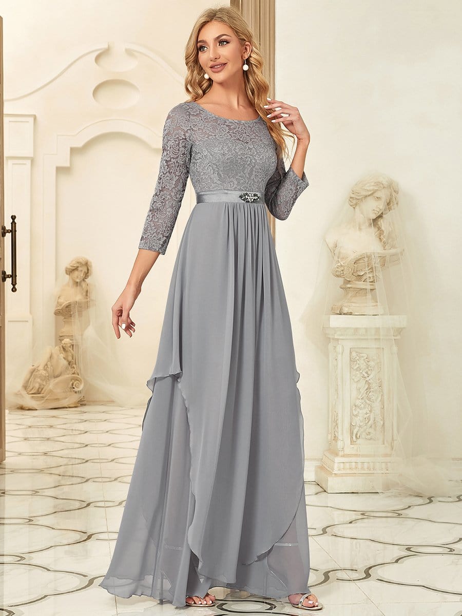 Classic Floral Lace Bridesmaid Dress with Long Sleeve #color_Grey 