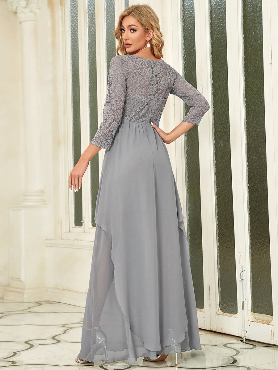 Classic Floral Lace Bridesmaid Dress with Long Sleeve #color_Grey 