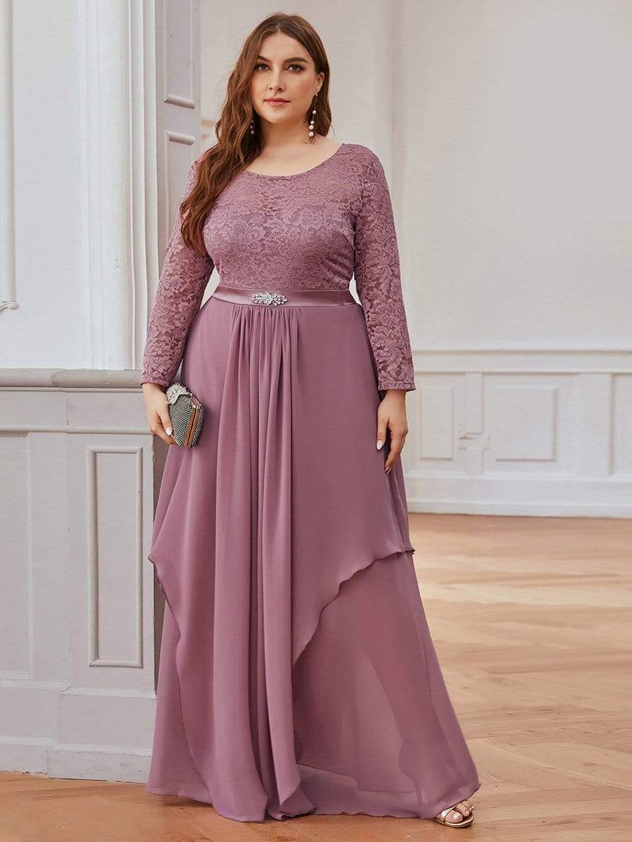 Classic Floral Lace Bridesmaid Dress with Long Sleeve #color_Purple Orchid 