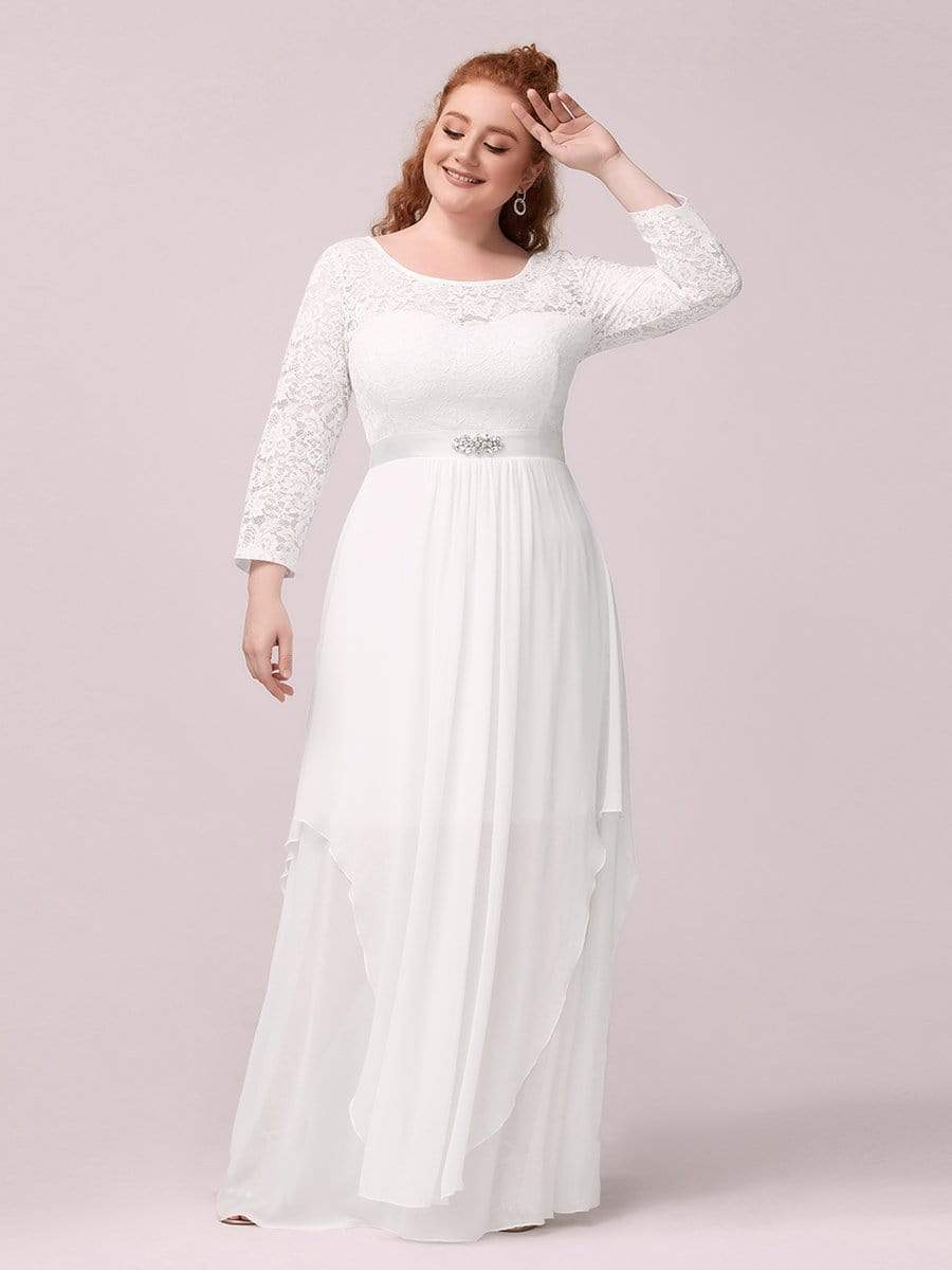Classic Floral Lace Bridesmaid Dress with Long Sleeve #color_White 