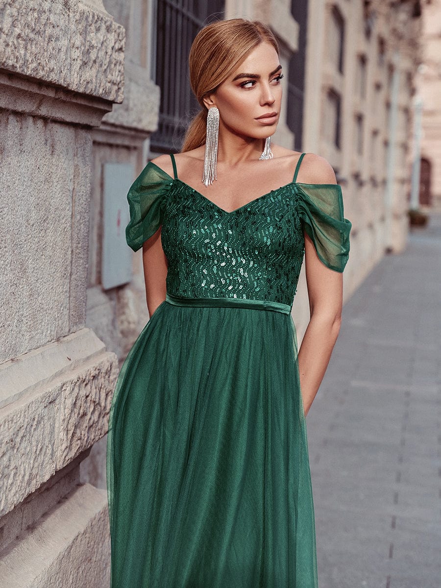 Cold Shoulder Sequin Bodice Long Tulle Bridesmaid Dress #color_Dark Green