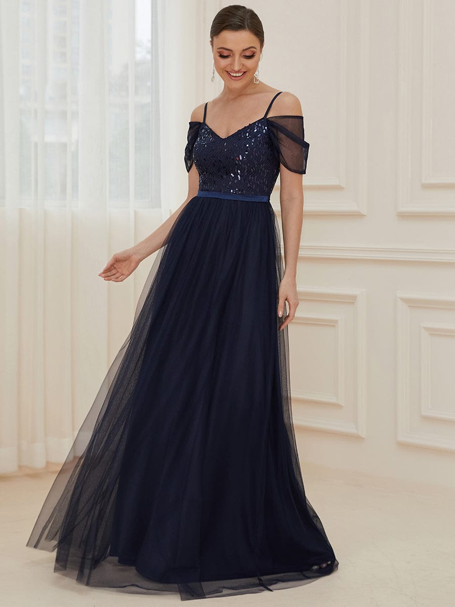 Cold Shoulder Sequin Bodice Long Tulle Bridesmaid Dress #color_Navy Blue