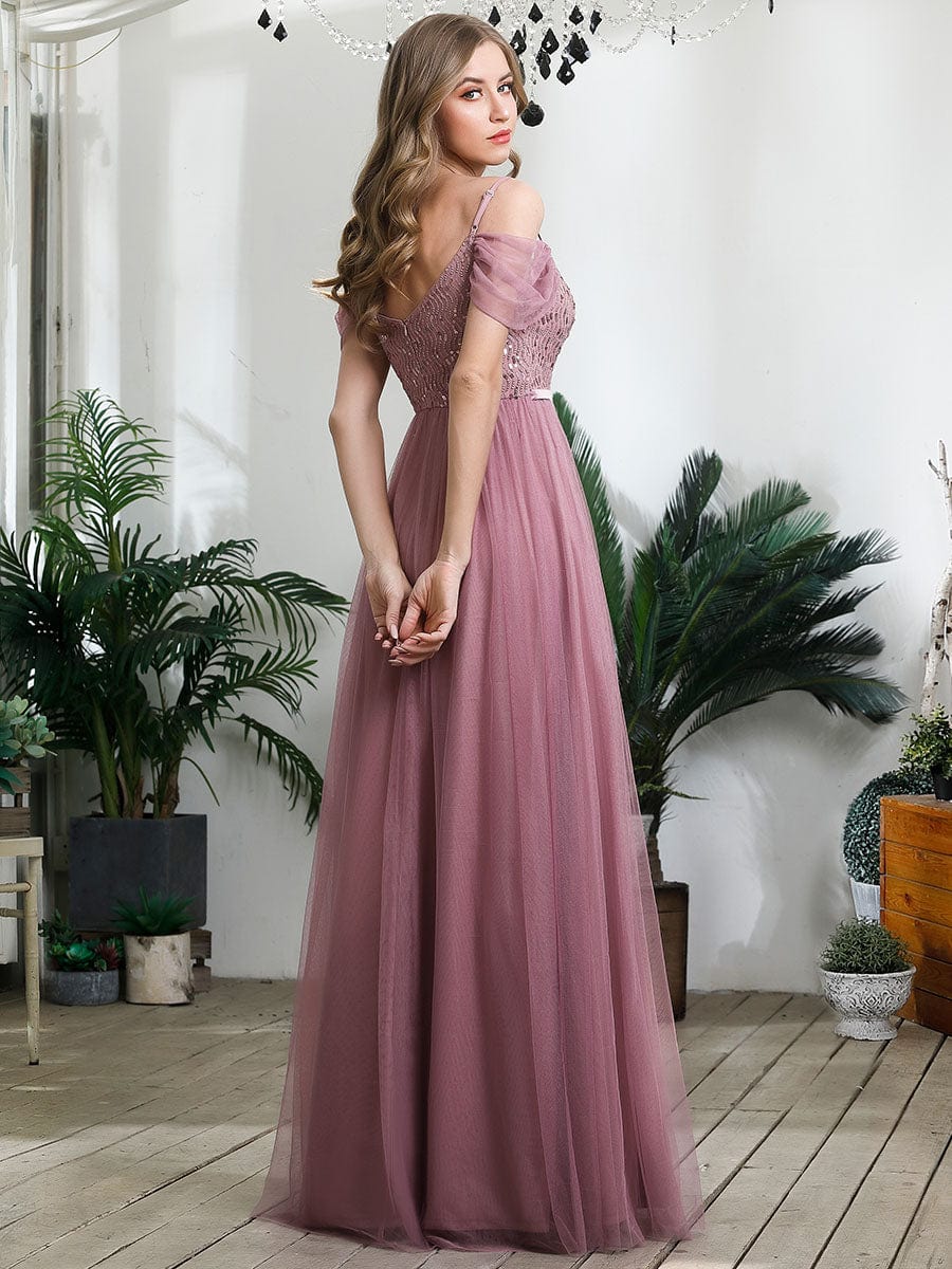 Cold Shoulder Sequin Bodice Long Tulle Bridesmaid Dress #color_Purple Orchid