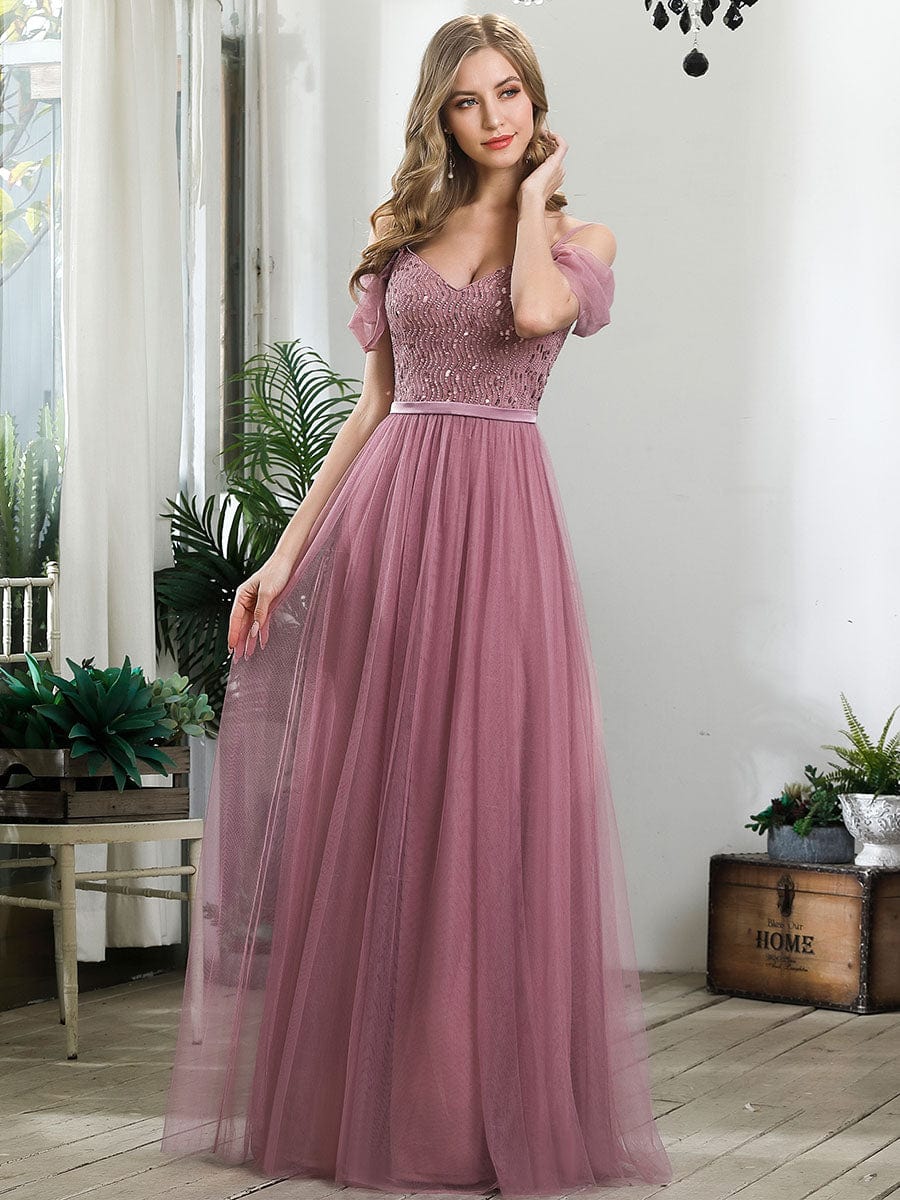 Cold Shoulder Sequin Bodice Long Tulle Bridesmaid Dress #color_Purple Orchid