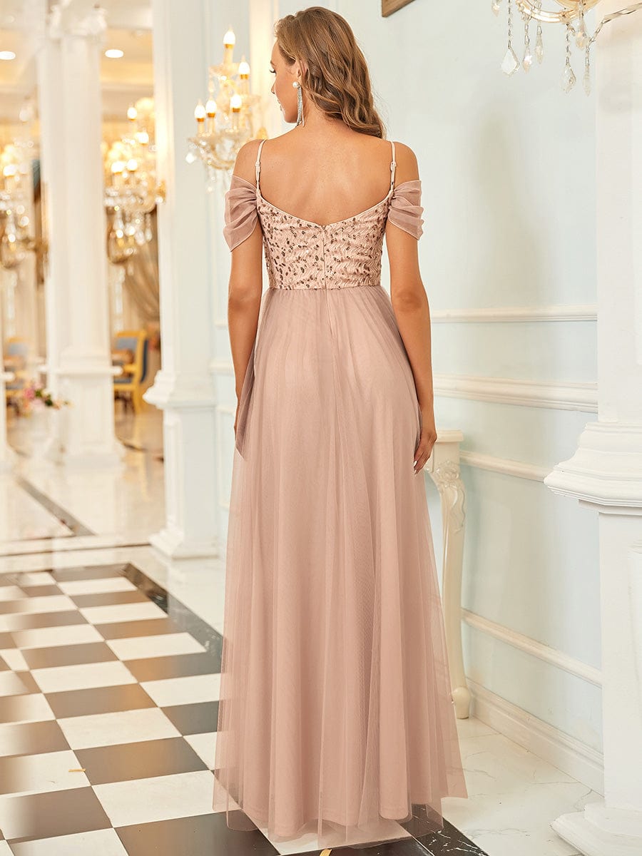 Cold Shoulder Sequin Bodice Long Tulle Bridesmaid Dress #color_Rose Gold