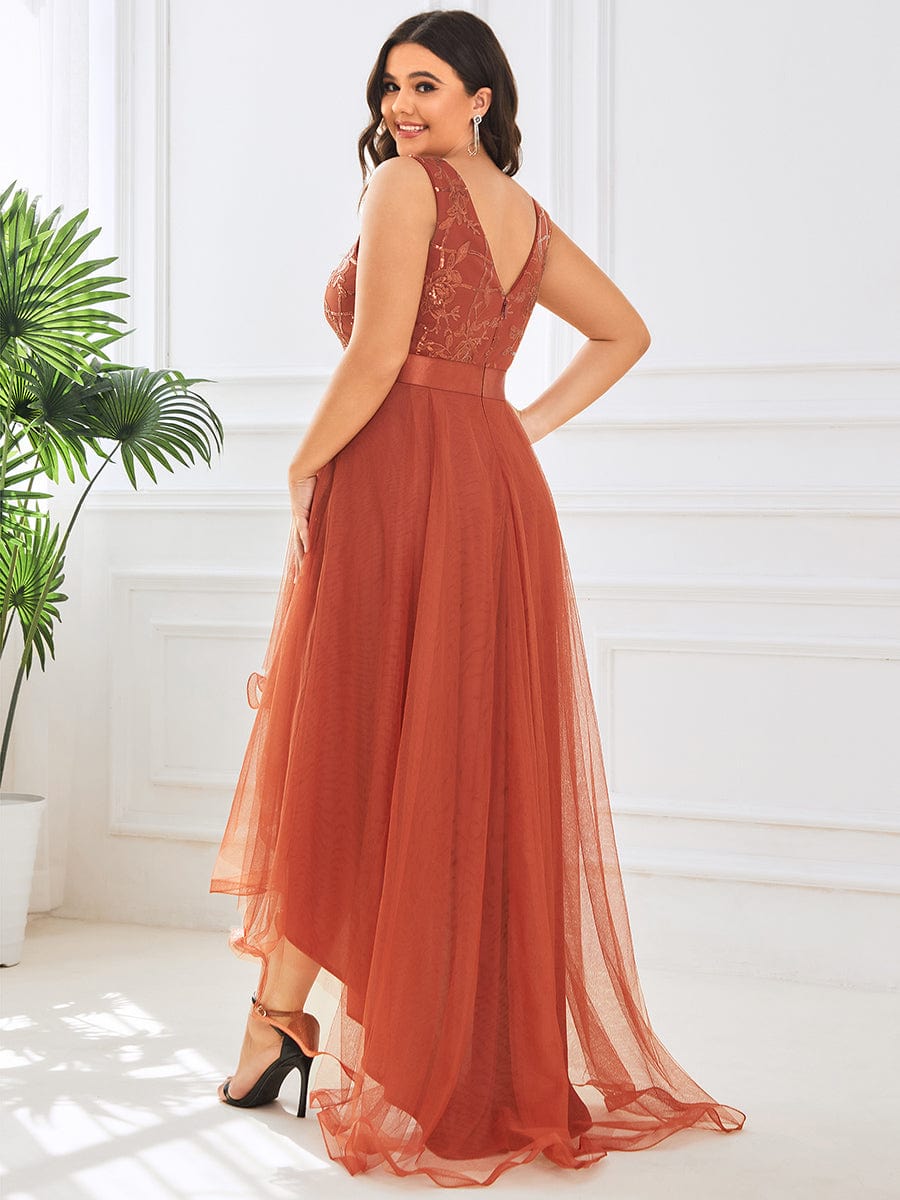 Fashion High-Low Deep V Neck Tulle Prom Dresses with Sequin Appliques #color_Burnt Orange