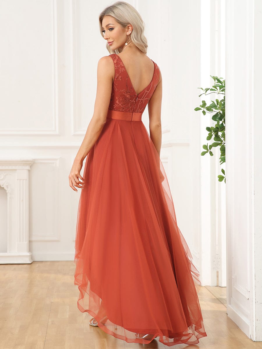 Fashion High-Low Deep V Neck Tulle Prom Dresses with Sequin Appliques #color_Burnt Orange