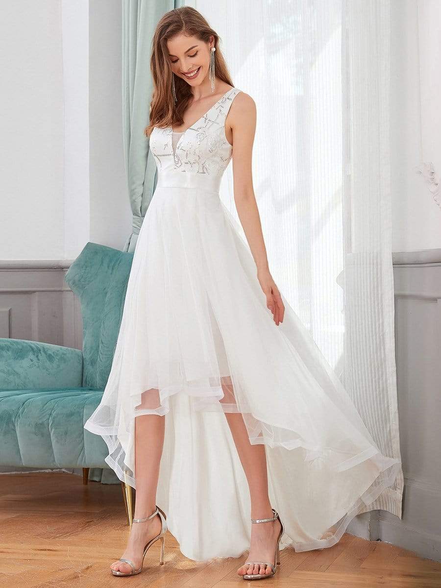 Fashion Sequin Appliques High-Low Tulle Elopement Dress for Wedding #Color_Cream