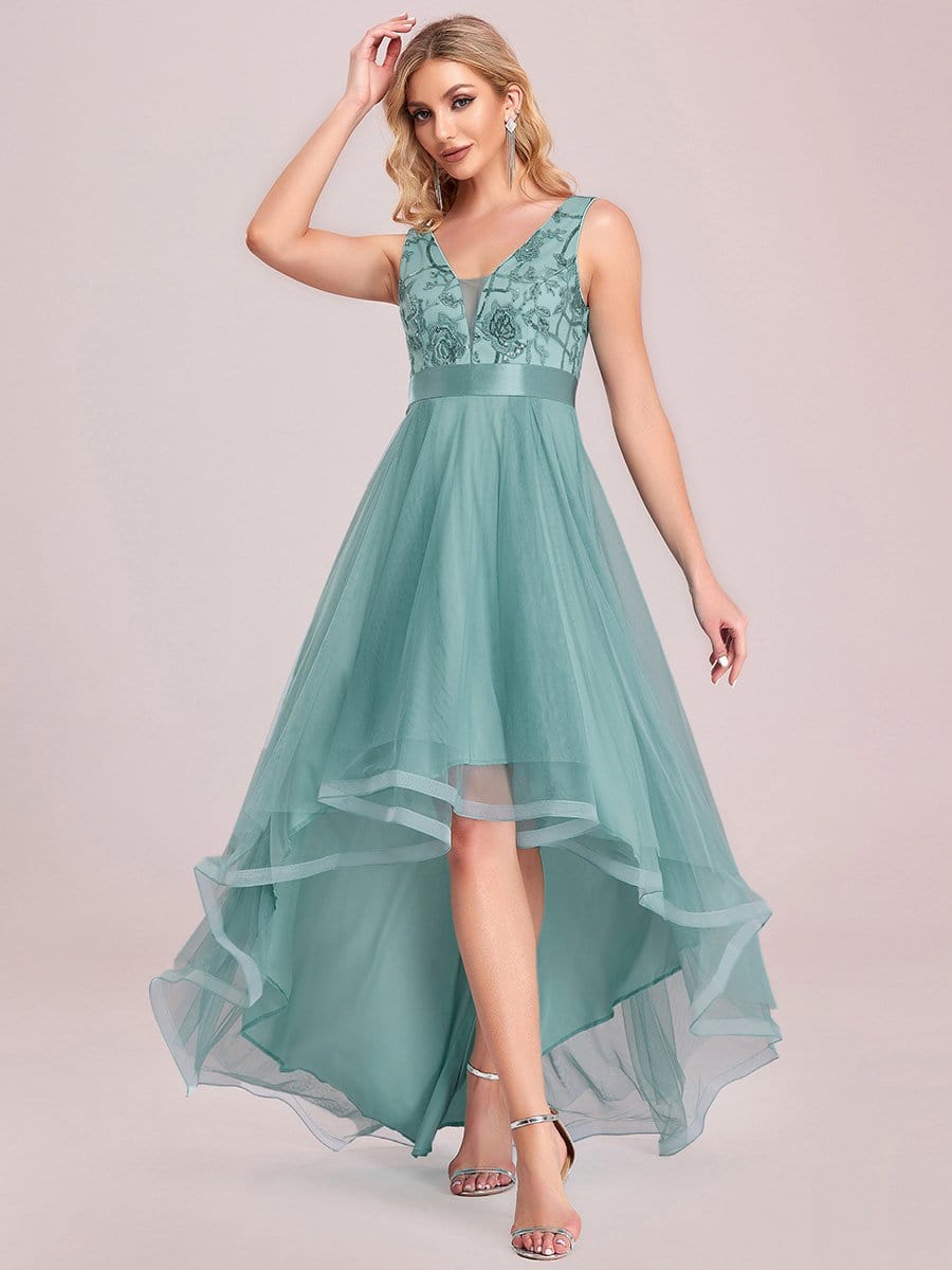 Fashion High-Low Deep V Neck Tulle Prom Dresses with Sequin Appliques #color_Light Teal