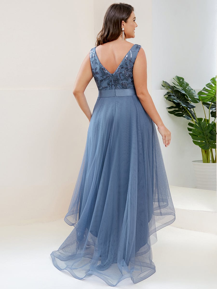 Plus Size Sequin High-Low Deep V Neck Tulle Evening Dresses #color_Dusty Navy