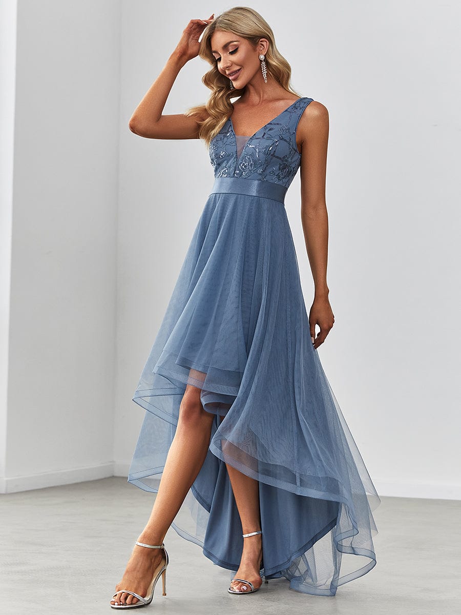 Fashion High-Low Deep V Neck Tulle Prom Dresses with Sequin Appliques #Color_Dusty Blue