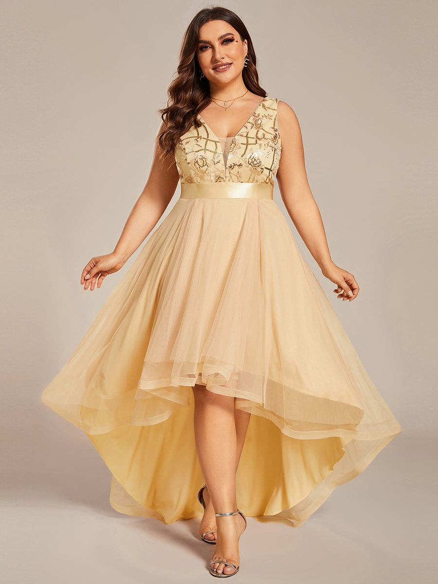 Fashion High-Low Deep V Neck Tulle Prom Dresses with Sequin Appliques #color_Gold