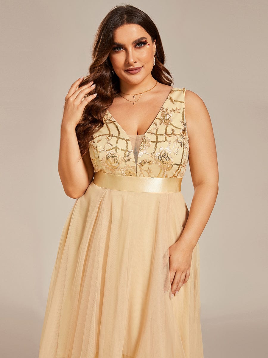 Plus Size Sequin High-Low Deep V Neck Tulle Evening Dresses #color_Gold