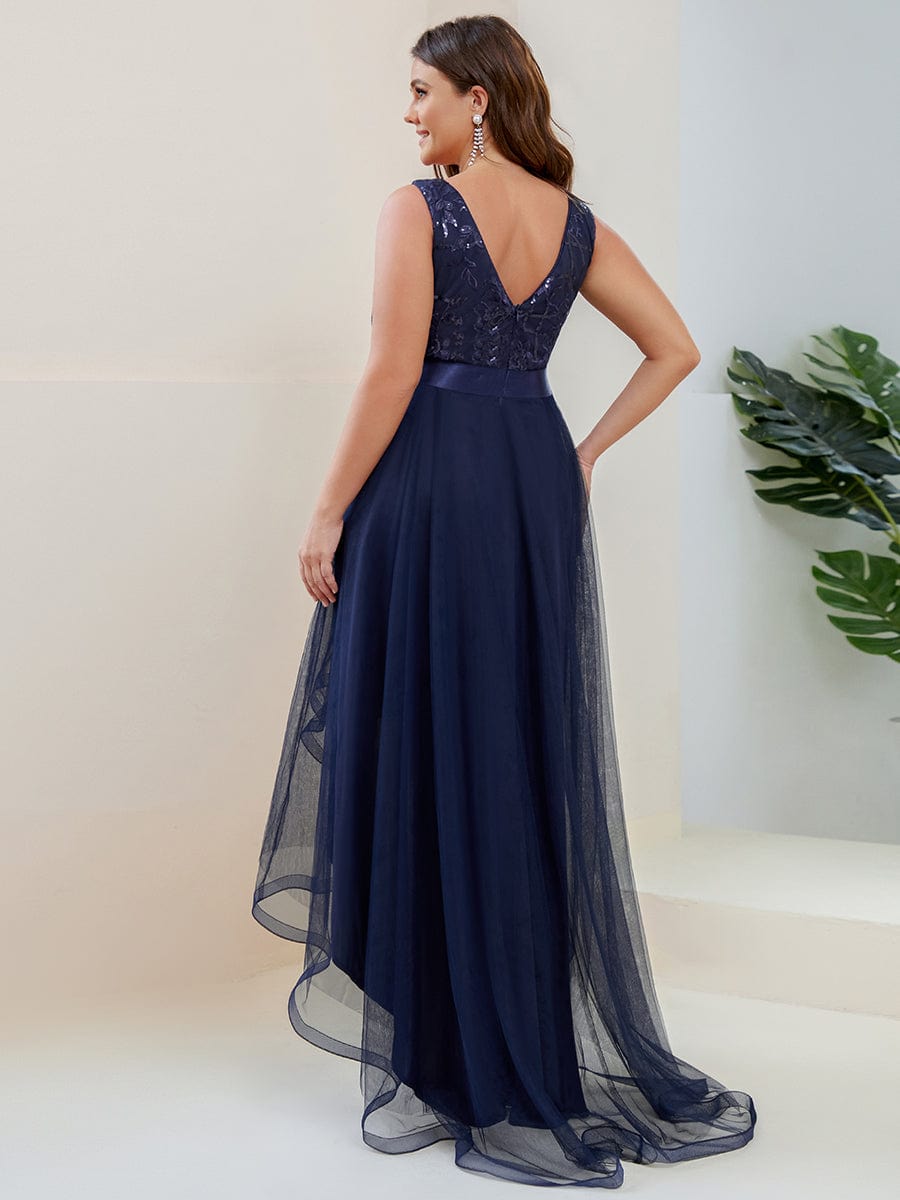 Fashion High-Low Deep V Neck Tulle Prom Dresses with Sequin Appliques #Color_Navy Blue