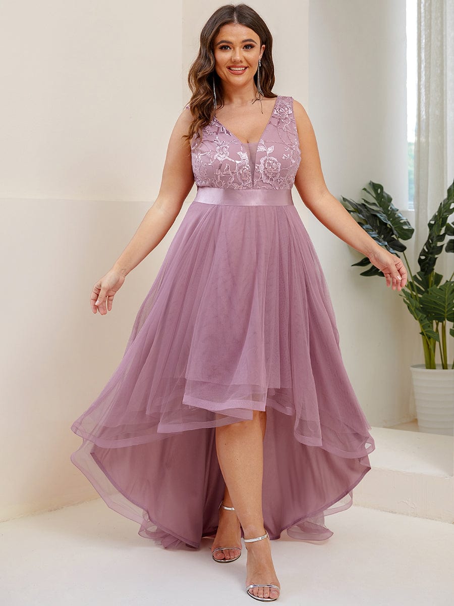 Fashion High-Low Deep V Neck Tulle Prom Dresses with Sequin Appliques #Color_Purple Orchid