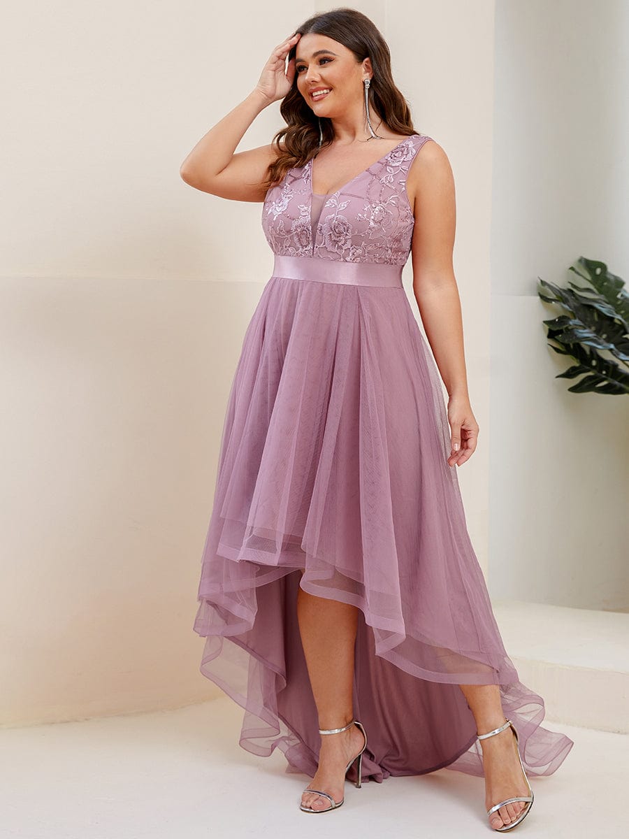 Custom Size High-Low Deep V Neck Tulle Prom Dresses with Sequin Appliques #color_Purple Orchid