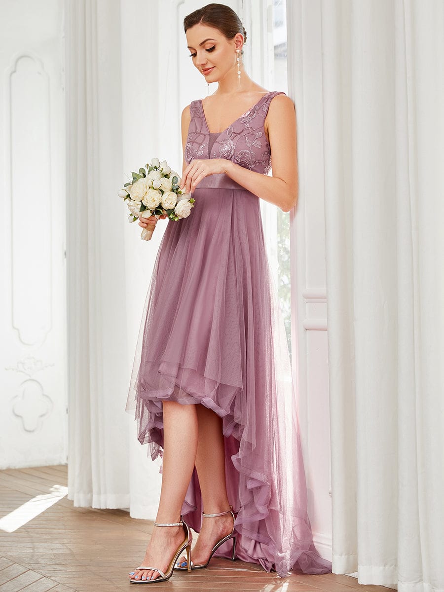 Fashion High-Low Deep V Neck Tulle Prom Dresses with Sequin Appliques #Color_Purple Orchid