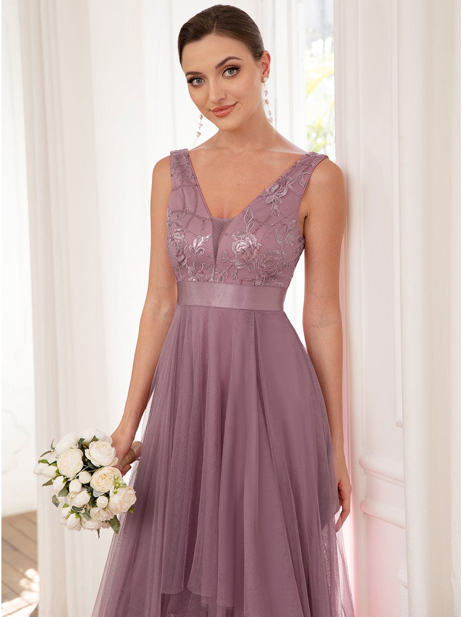 Fashion High-Low Deep V Neck Tulle Prom Dresses with Sequin Appliques #Color_Purple Orchid