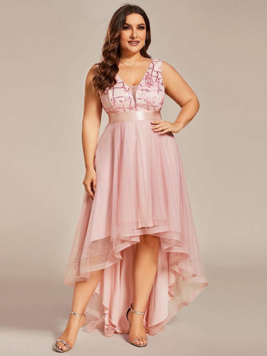 Plus Size Sequin High-Low Deep V Neck Tulle Evening Dresses #color_Pink