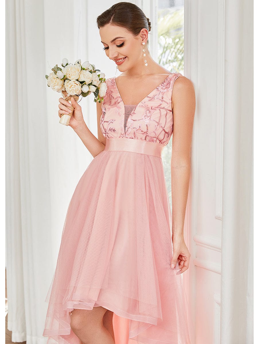 Custom Size High-Low Deep V Neck Tulle Prom Dresses with Sequin Appliques #color_Pink