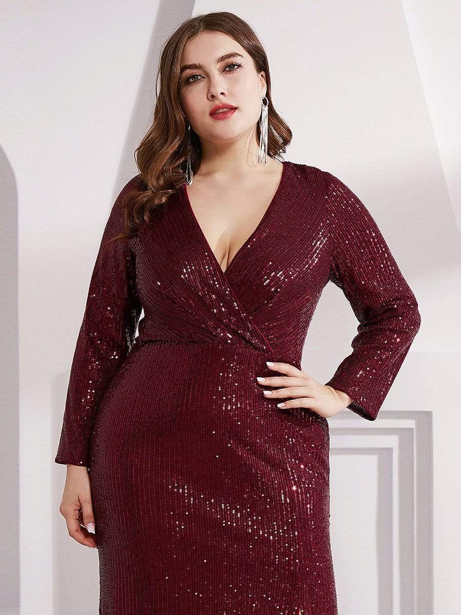 Plus Size Sexy Deep V-Neck Sequin Bodice Formal Evening Gowns #color_Burgundy 