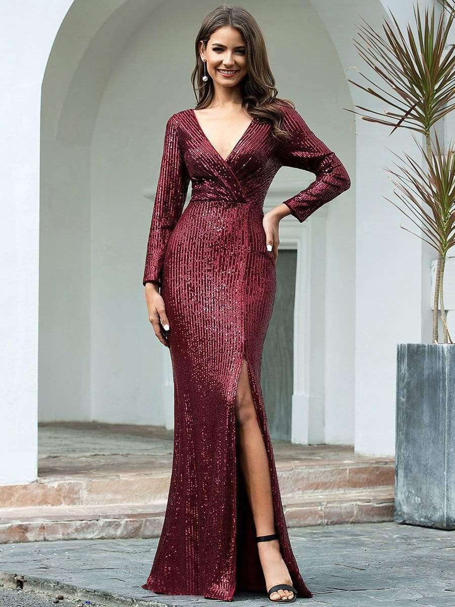 Shiny V Neck Sequin Long Sleeves Evening Dress #color_Burgundy 