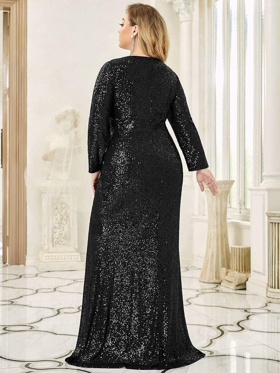 Shiny V Neck Sequin Long Sleeves Evening Dress #color_Black 