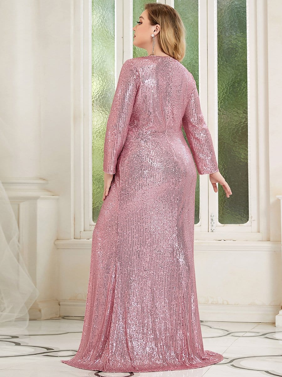 Shiny V Neck Sequin Long Sleeves Evening Dress #color_Purple Orchid 