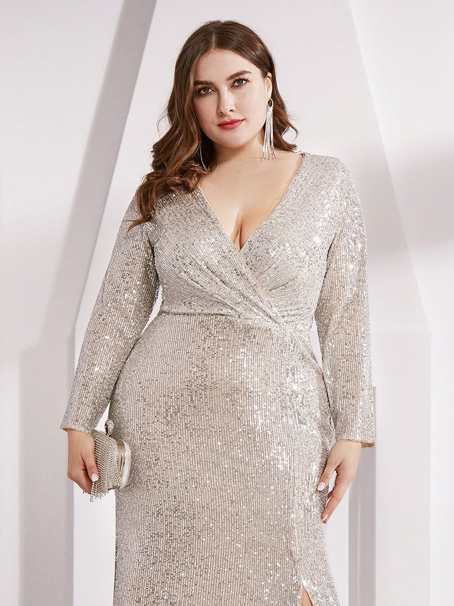 Shiny V Neck Sequin Long Sleeves Evening Dress #color_Champagne