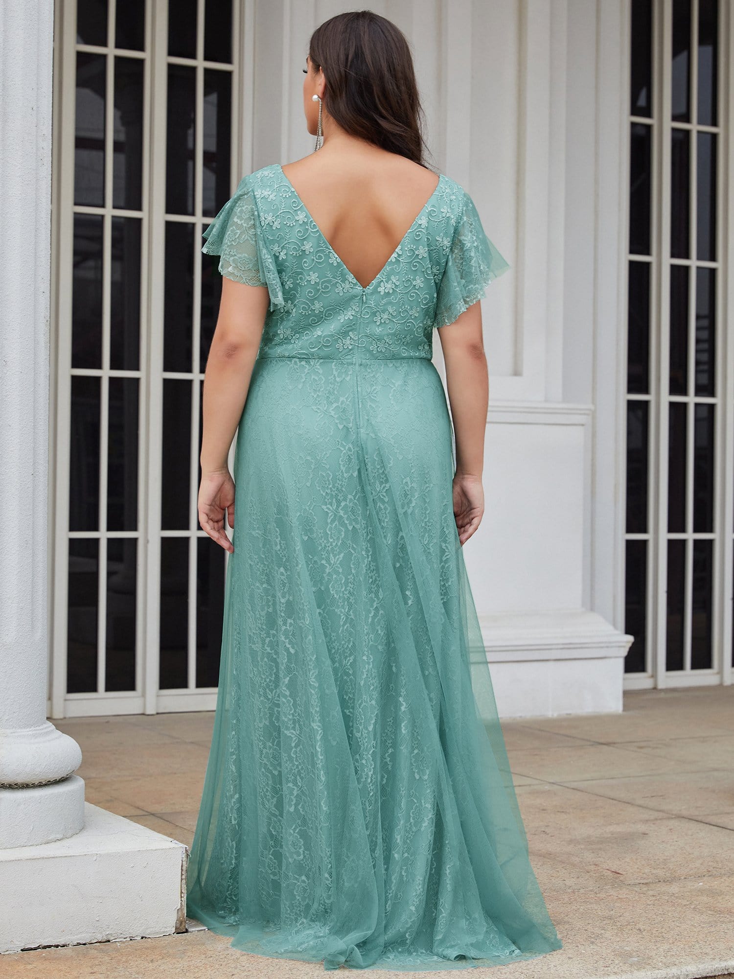 Plus Size Cap Sleeve Floral Lace Long Formal Dresses #color_Dusty Blue