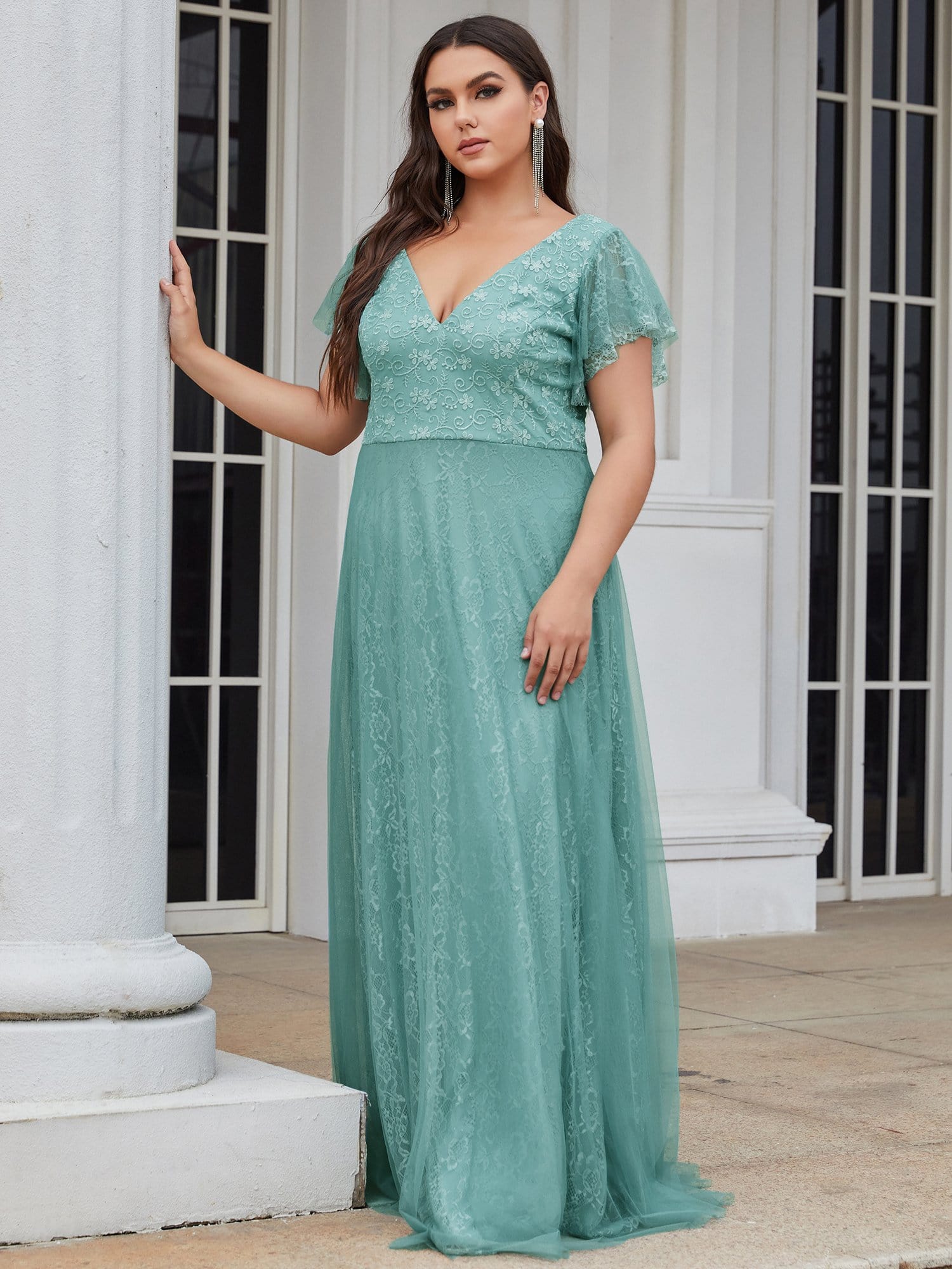 Plus Size Cap Sleeve Floral Lace Long Formal Dresses #color_Light Teal