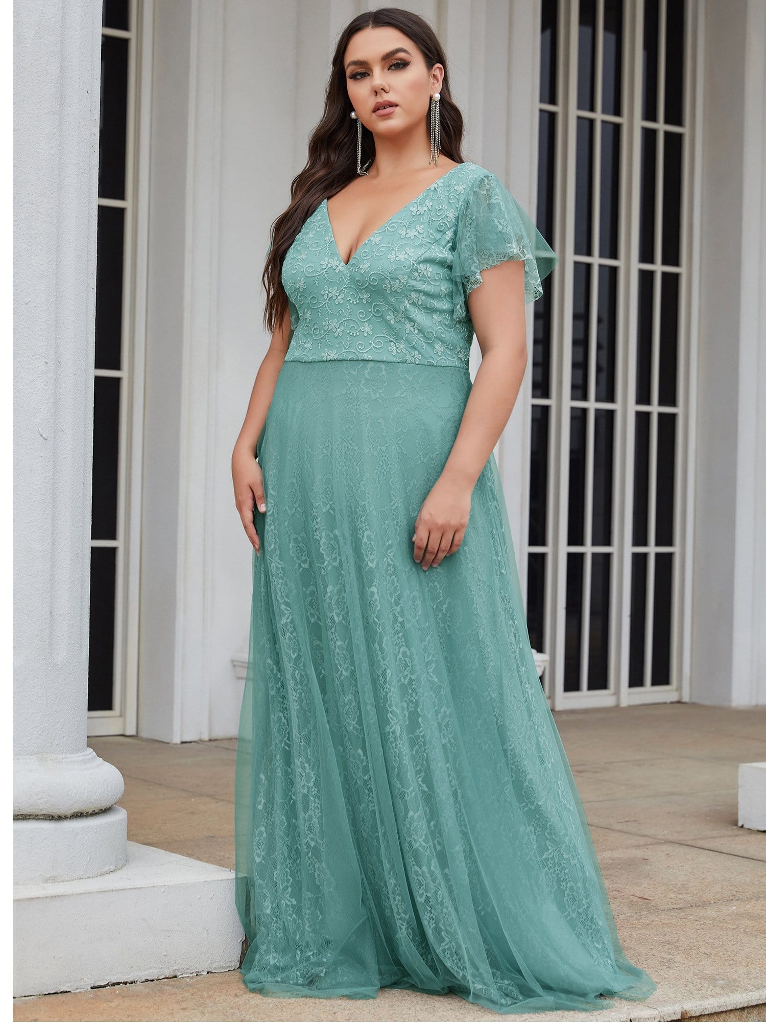 Plus Size Cap Sleeve Floral Lace Long Formal Dresses #color_Light Teal